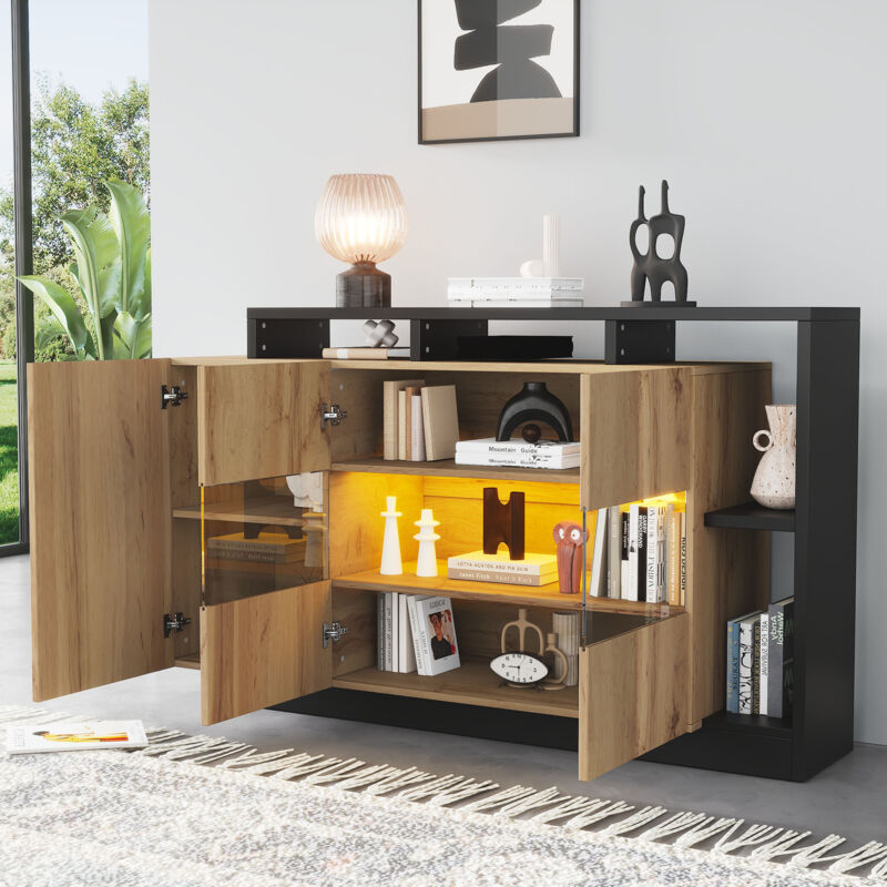 Buffet 140x44x93,5cm avec 3 portes, meuble de cuisine, led, MDF+verre, couleur naturel+noir
