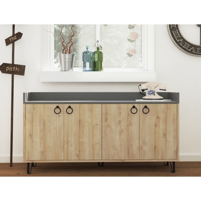 Madia 140x80 h cm chêne clair et gris anthracite avec quatre portes - Cerignola