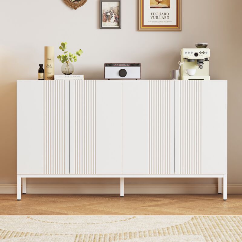 Buffet 145 cm, rectangulaire, avec 4 portes de rangement, lignes épurées, étagères réglables, meubles de salon en bois - Blanc