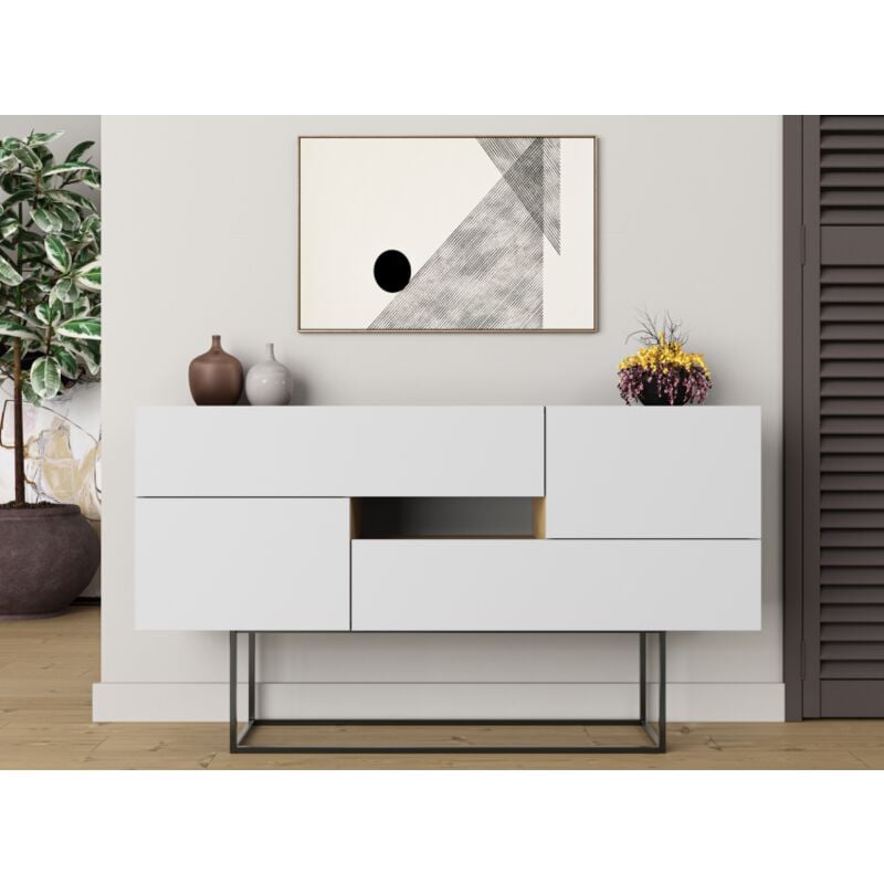 Buffet 145x82 h cm blanc mat et chêne clair avec deux portes et deux tiroirs - Frosolone