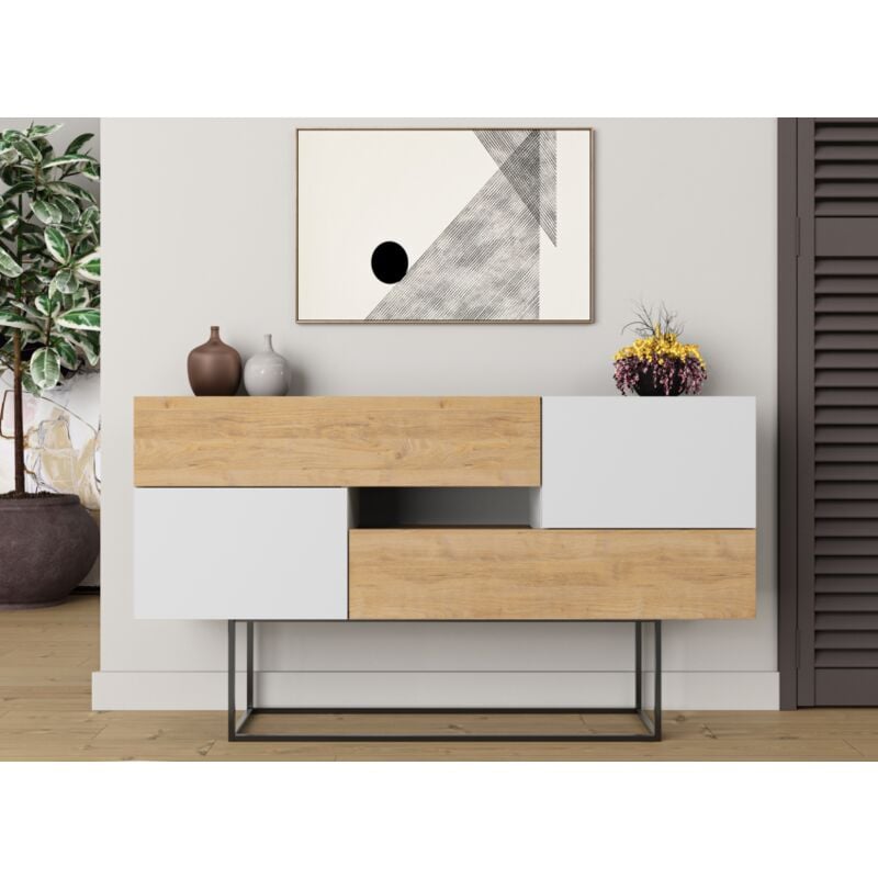 Buffet 145x82 h cm chêne clair et blanc mat avec deux portes et deux tiroirs - Frosolone
