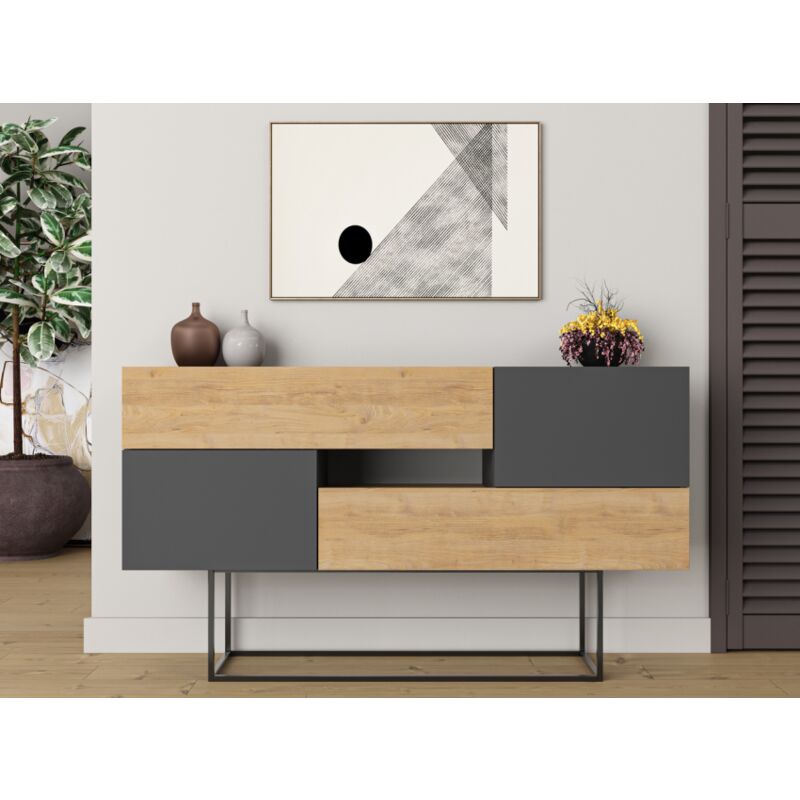 Buffet 145x82 h cm chêne clair et gris anthracite avec deux portes et deux tiroirs - Frosolone