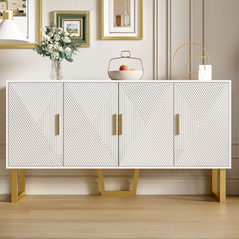 Eifson - Buffet 150 cm avec portes texturées brillantes, poignées dorées, design 4 portes, étagères réglables en hauteur, contemporain - Blanc