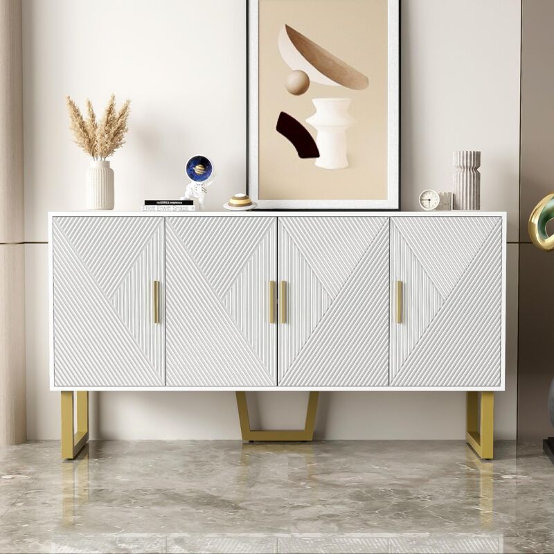 Dans Les Nuages - Buffet 150 cm, rectangulaire, avec 4 portes de rangement, design à rayures, pieds en métal, étagères, esthétique scandinave,