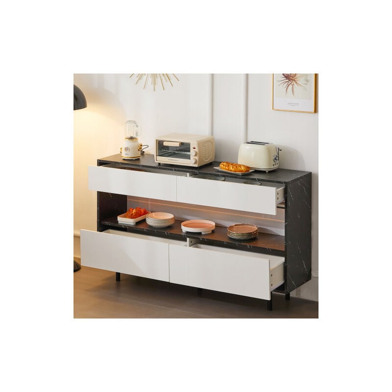 Buffet noir 150x35x89,5 cm avec rangement ouvert, tiroirs et led, structure en métal robuste et dispositif anti-basculement, pour la cuisine, le salon