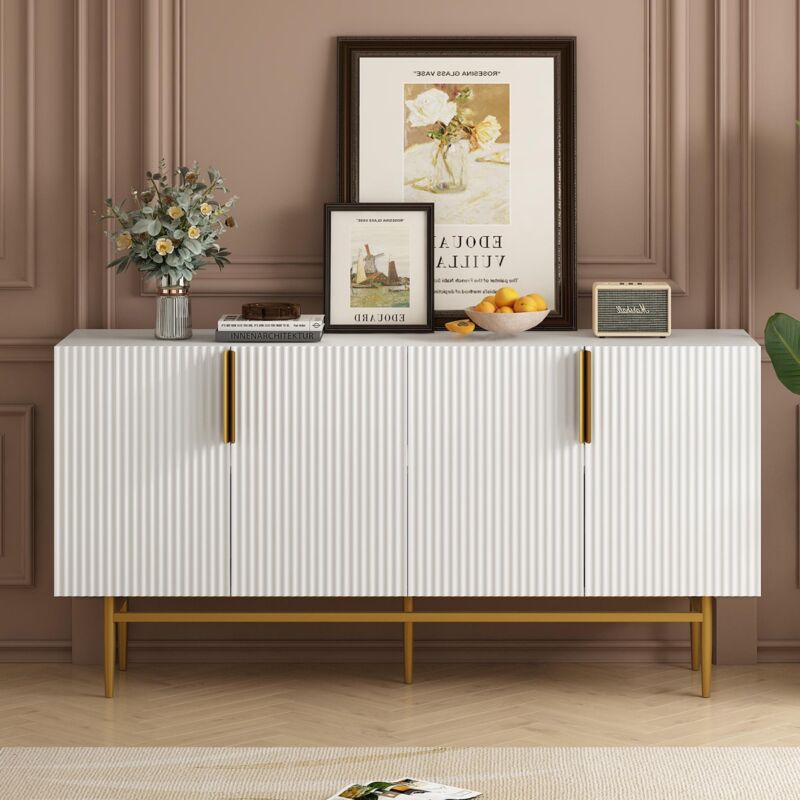 Buffet 150 cm, avec 4 portes, 2 étagères réglables, socle métallique, poignées en métal, style scandinave, étagères réglables - Blanc