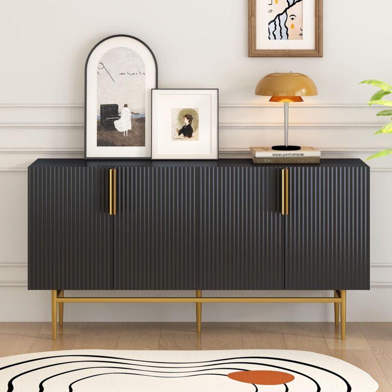 Buffet 150 cm, avec 4 portes, 2 étagères réglables, socle métallique, poignées en métal, style scandinave, étagères réglables - noir