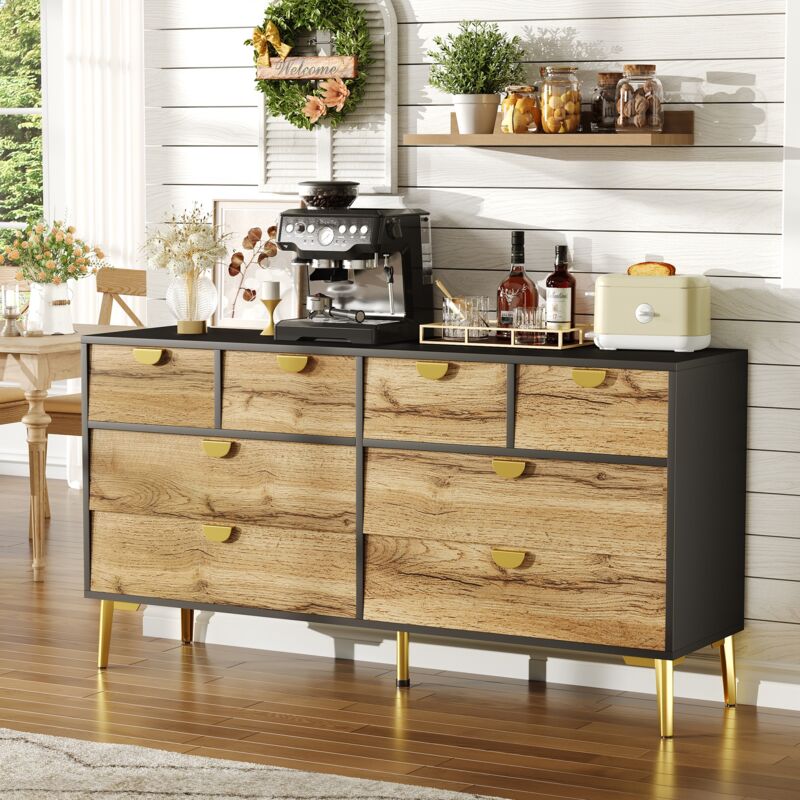 Tanant - Buffet 150cm avec 8 tiroirs et poignées dorées, texture bois, rangement, style moderne, convient pour salon et salle à manger - Naturel