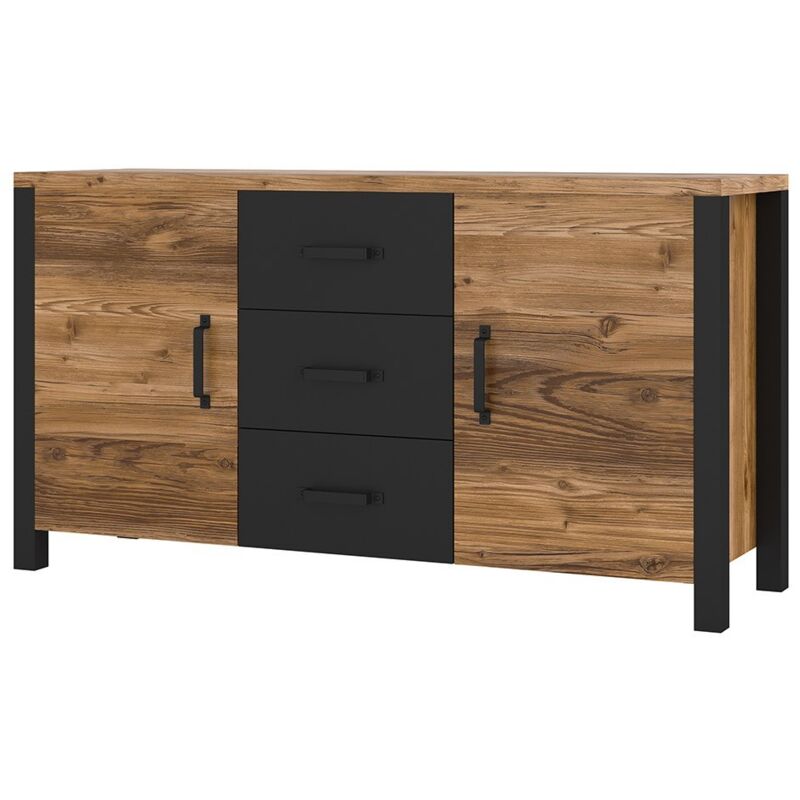 Meublorama - Buffet 150cm collection darwin. Couleur épicéa et noir. 2 portes et 3 tiroirs