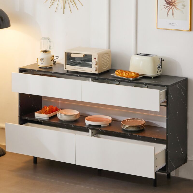 Buffet 150x35x89,5 cm, avec éclairage led, 4 tiroirs, rangement ouvert, structure en métal, dispositif anti-basculement, convient pour cuisine et