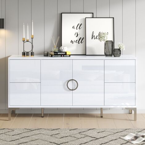 Buffet, 150x38x59,5 cm, meuble de salon avec 4 tiroirs et 2 portes, laqué brillant, avec pieds de support en métal, tiroirs sans poignées, blanc, MDF