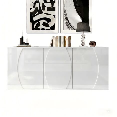 Buffet 150x40x70 cm avec 3 portes éclairage led, sideboard moderne haute brillance avec grand rangement pour salon salle à manger, bois, blanc