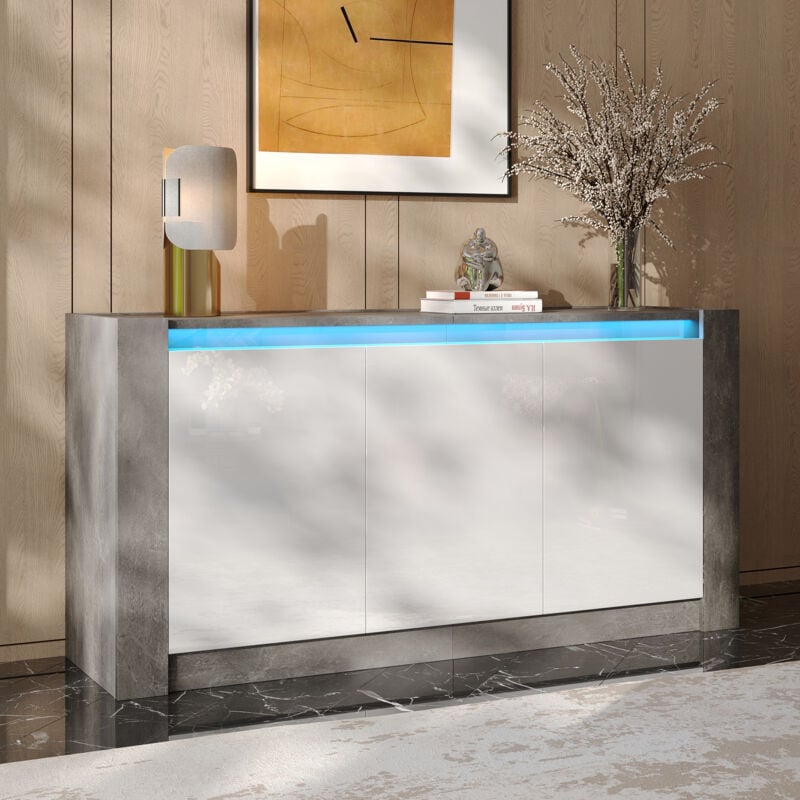 Buffet 150x40x75 cm, avec led, 3 portes + 6 compartiments, étagères réglables, adapté au salon et à la cuisine Hauss Spole blanc