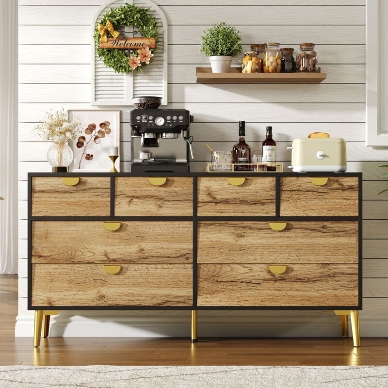 Buffet 150x40x78 cm, avec 8 tiroirs, poignées semi-circulaires en métal, pieds en métal, finition bois naturel, pour salon et salle à manger - Noir