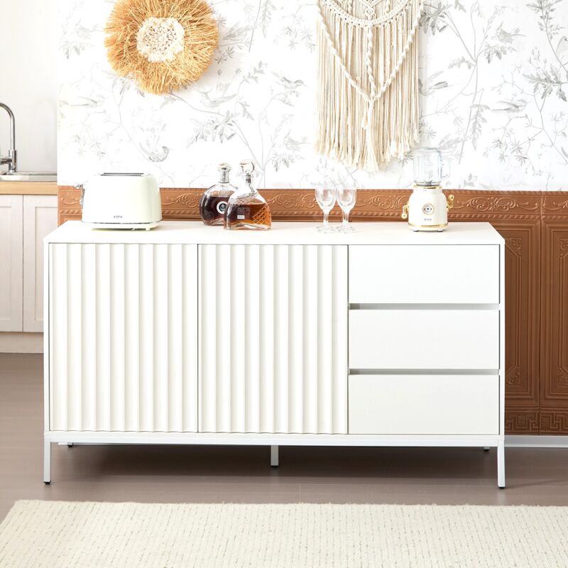 Buffet 150x40x79cm - meuble avec 3 tiroirs et 2 portes avec motif ondulé, étagères réglables - minimaliste moderne - blanc
