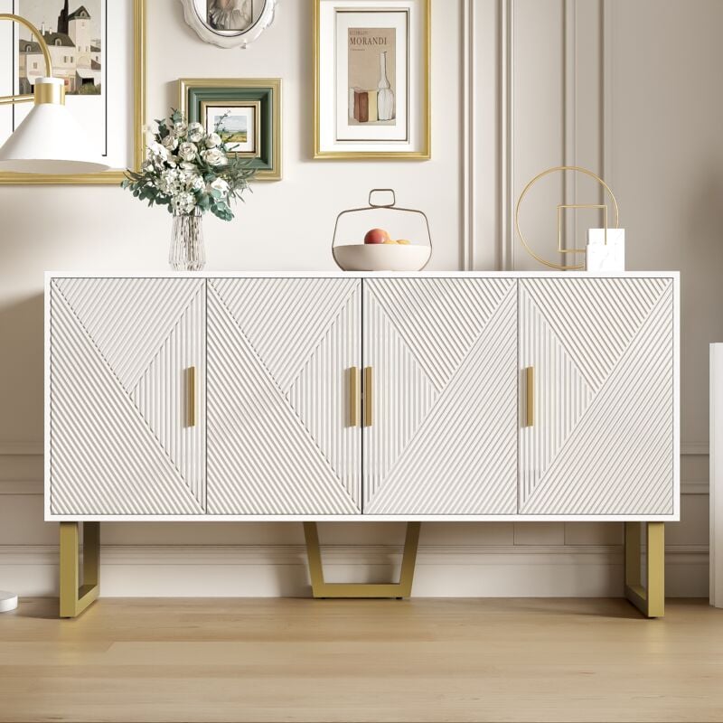 Buffet 150x40x82cm - Armoire avec 4 portes texturées brillantes et poignées dorées, étagères réglables en hauteur - Blanc