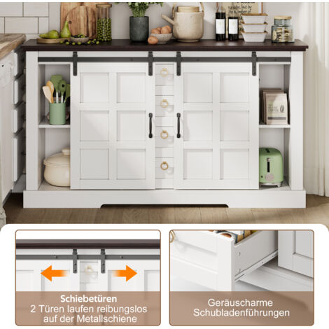 Buffet 150x40x85 cm portes coulissantes 4 tiroirs style campagnard vintage,étagères réglables cuisine salon.