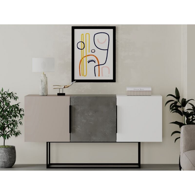 Madia 150x79,5 H cm moka clair, gris rétro et blanc mat avec trois portes - Trivento