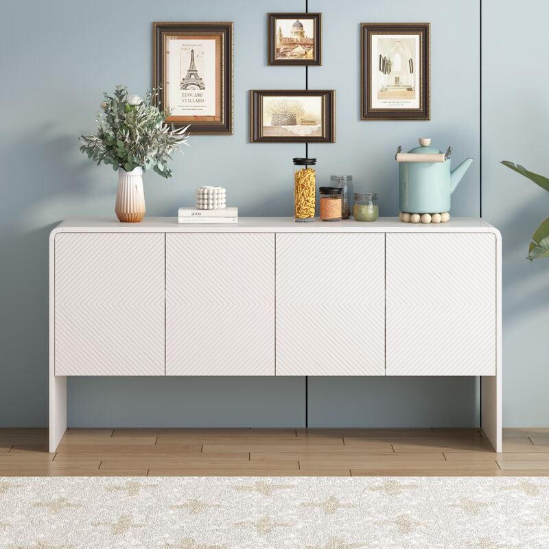 Buffet 152cm, avec 4 portes et 2 cloisons de rangement, buffet scandinave, adapté aux salons et aux entrées, Blanc