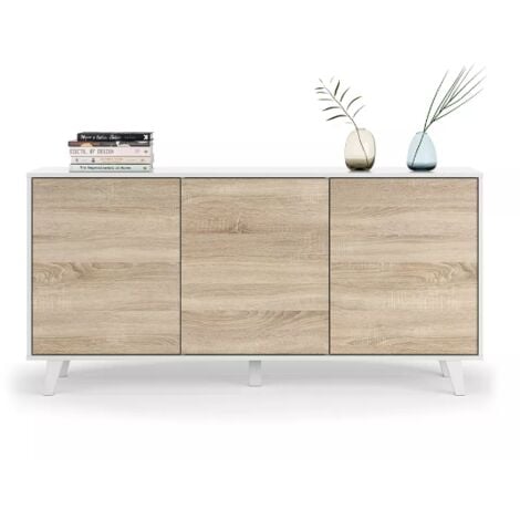 ABITARE Buffet 154 cm blanc brillant et chêne canadien avec 3 portes - Pisa