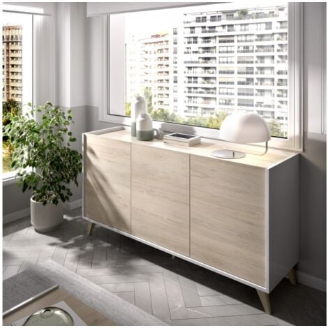 ABITARE Buffet 155 cm blanc mat et chêne naturel avec trois portes - Corato