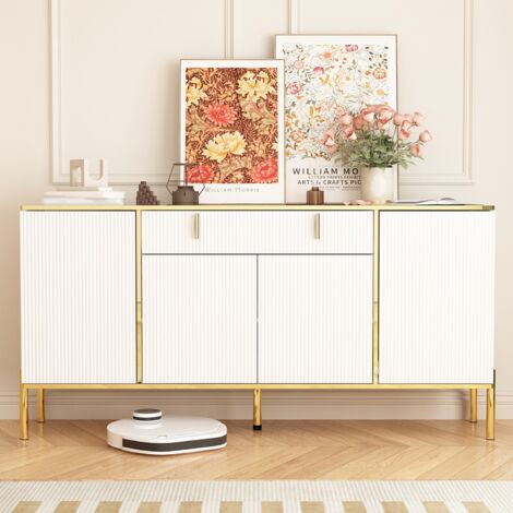 FUFU&GAGA Buffet 160 cm avec 1 grand tiroir,Meuble de rangement avec étagère réglable,commode 4 portes, buffet blanc pour salon, salle à manger, chambre à coucher, blanc et doré