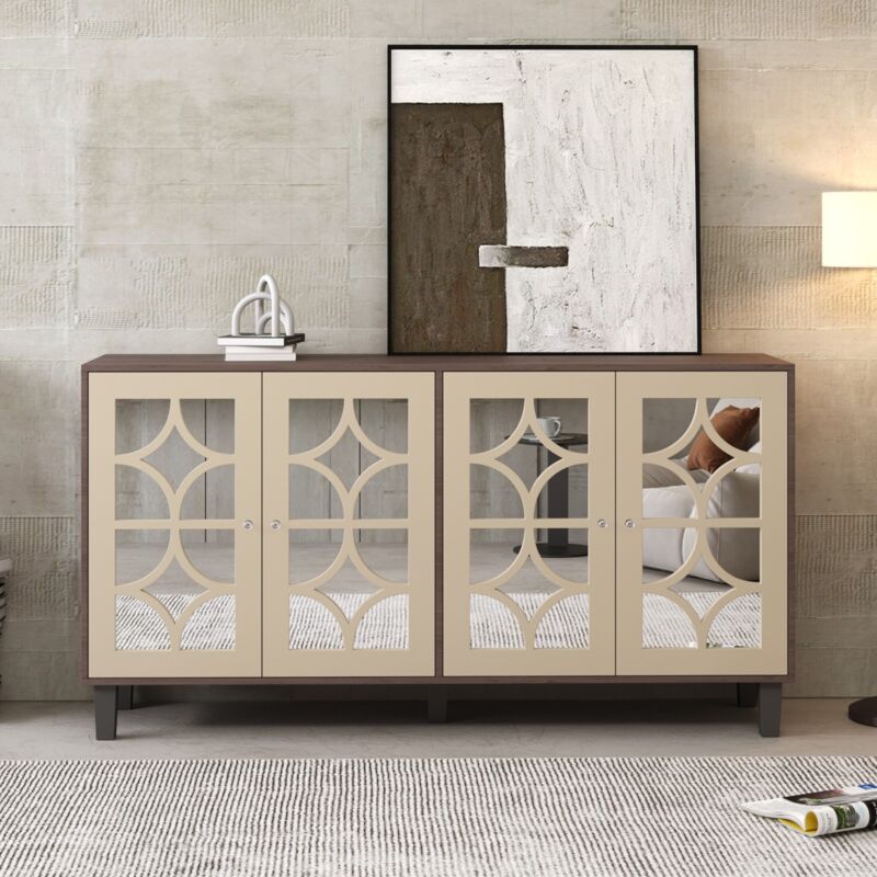 Buffet 160 cm, avec quatre portes miroir, stratifié amovible, poignées en cristal, adapté au salon et à la salle à manger, 160x40x85 cm - Bois