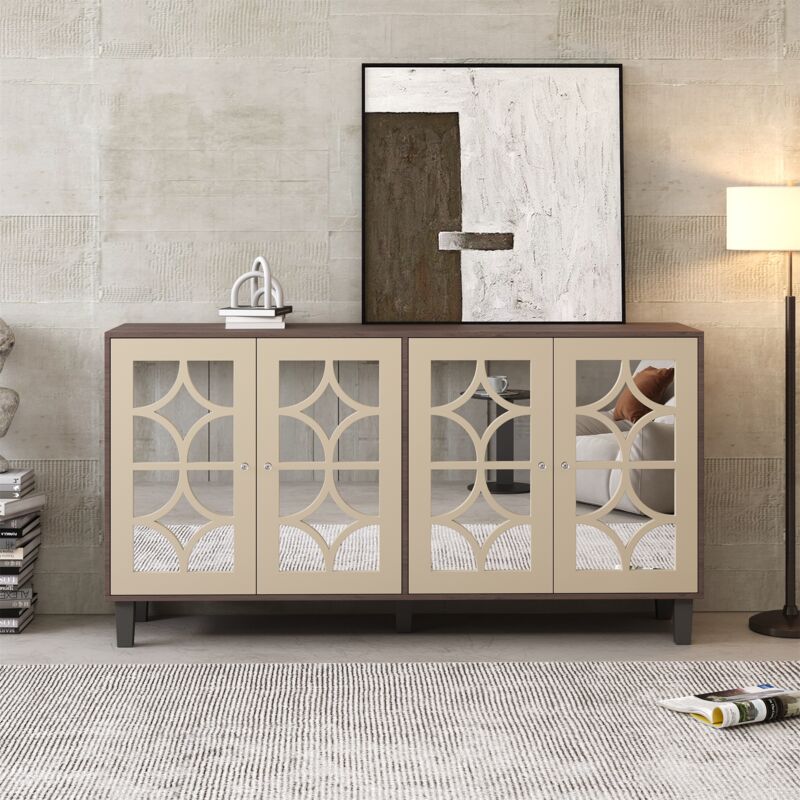 Buffet 160 cm, rectangulaire, avec 4 portes de miroir, poignées en cristal, rangement, étagères ajustables, meubles de salon en bois - Naturel