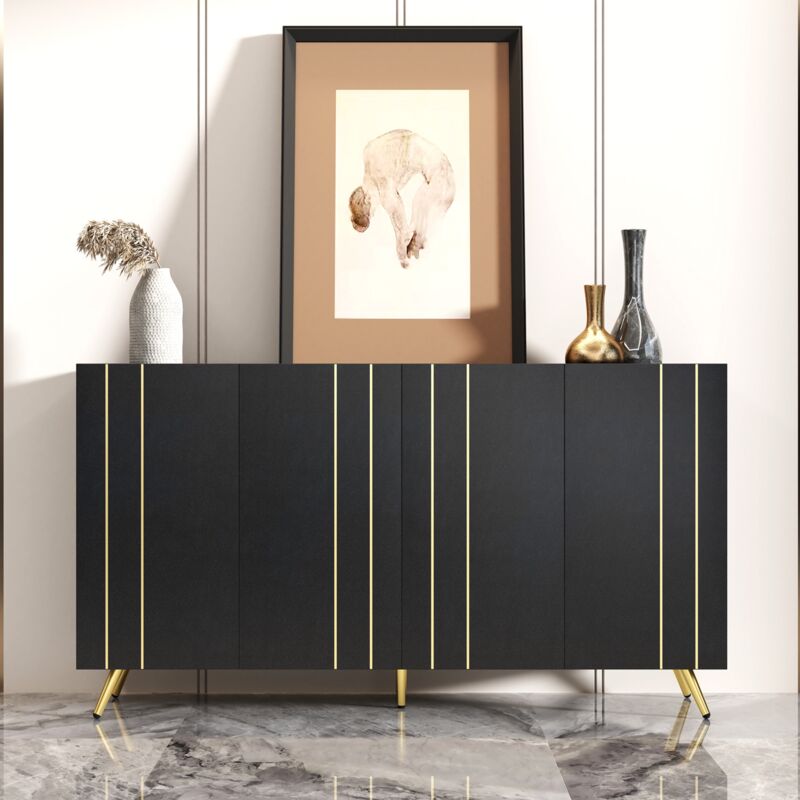 Dans Les Nuages - Buffet 160 cm, rectangulaire, avec 4 portes de rangement, design à rayures dorés, pieds en métal, étagères réglables, meubles de