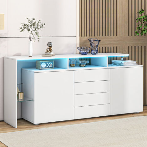 Buffet 160 x 35 x 70 cm, 2 portes 4 tiroirs avec LED, étagère verre, panneau de particules, blanc