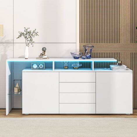 Buffet, 160 x 35 x 70 cm, avec éclairage LED, blanc laqué, meuble de salon, meuble indépendant, meuble TV, buffet haut, meuble multifonctions