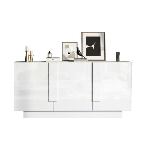 Buffet 160cm - 3 Portes Brillantes avec Étagères Réglables - Pour Salon, Salle à Manger - Blanc