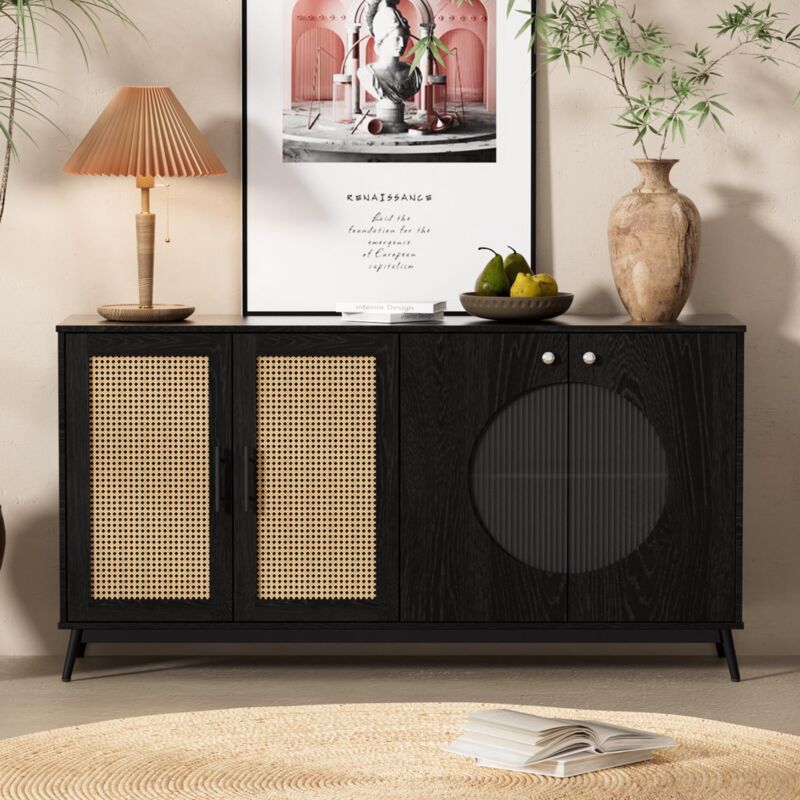 Buffet 160 cm, avec 4 portes en rotin et verre, 2 étagères, style Vintage, meuble de salon en bois - noir