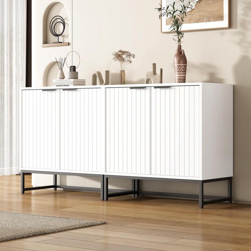 Buffet 160 cm avec 4 portesen et étagères réglables, Armoire de rangement avec poignées en métal et pieds de cadre, Blanc