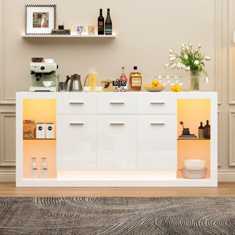 Buffet 160x40x75 cm, meuble de salon, avec éclairage LED et 3 tiroirs, finition laquée brillante, commode à 14 étagères, base en verre trempé, blanc