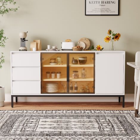 Buffet 160x40x80 cm, avec 3 tiroirs, 3 portes, 5 compartiments, poignées et pieds noirs, panneaux de particules, pour salon et cuisine - Blanc
