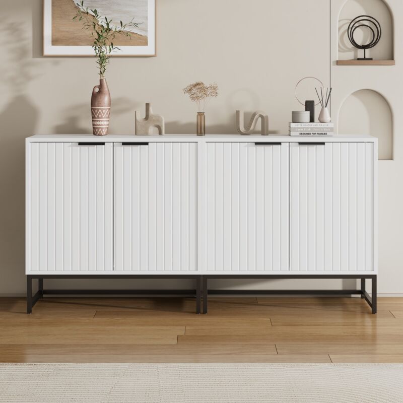 Eifson - Buffet 160x40x80 cm, avec 4 portes, poignées et pieds en métal, style contemporain, adapté aux salons, couloirs et salles à manger - Blanc
