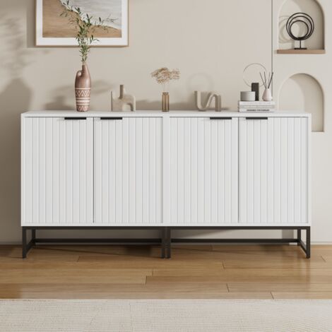 Buffet 160x40x80 cm, avec 4 portes, poignées et pieds en métal, style contemporain, adapté aux salons, couloirs et salles à manger - Blanc