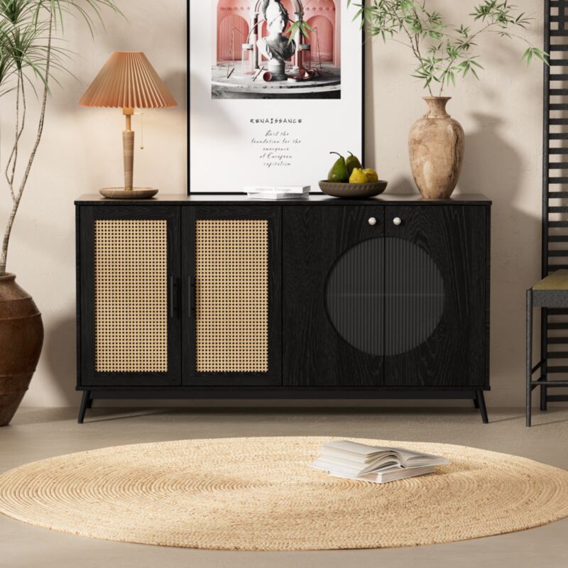 Eifson - Buffet 160x40x80 cm, avec porte en rotin et porte vitrée semi-circulaire, cloison intérieure réglable, poignées, adapté aux salles à manger