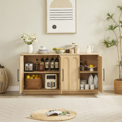 Buffet 160x40x80cm - Finition Chêne - 2 Portes Cintrée - Charnières Soft-Close