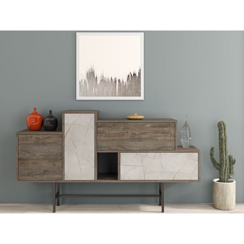 Madia 160x90 h cm café foncé et effet marbre blanc avec deux portes et deux tiroirs - Ururi