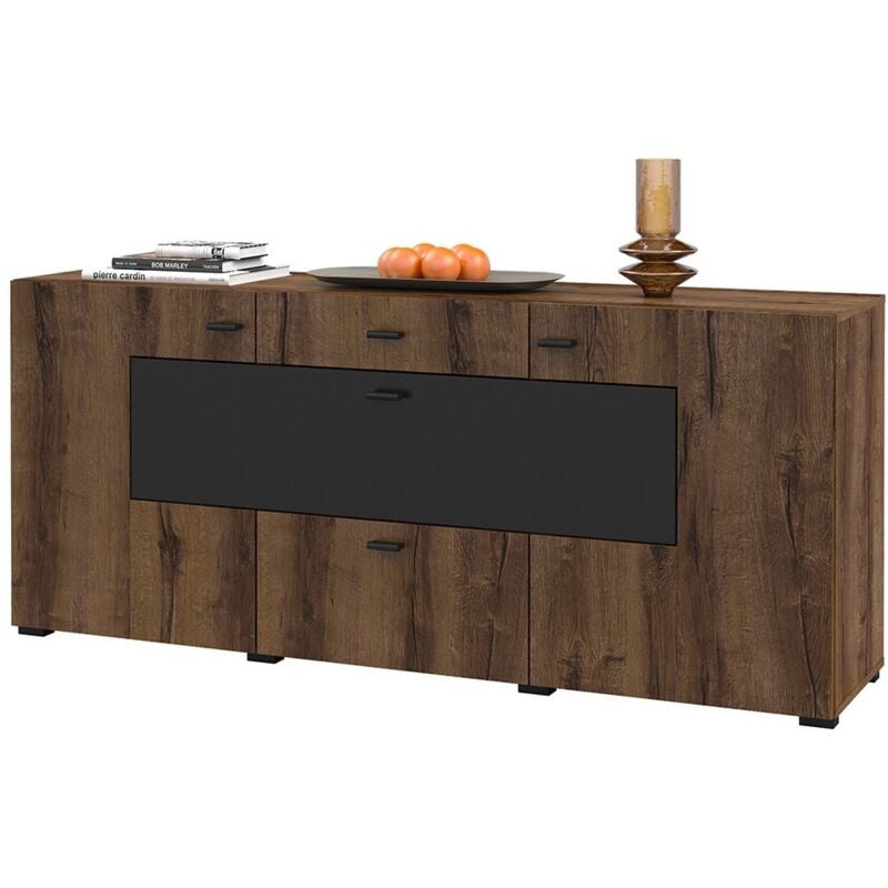 Meublorama - Buffet 165cm collection kobee 3 portes et 2 tiroirs. Couleur chêne foncé et noir.