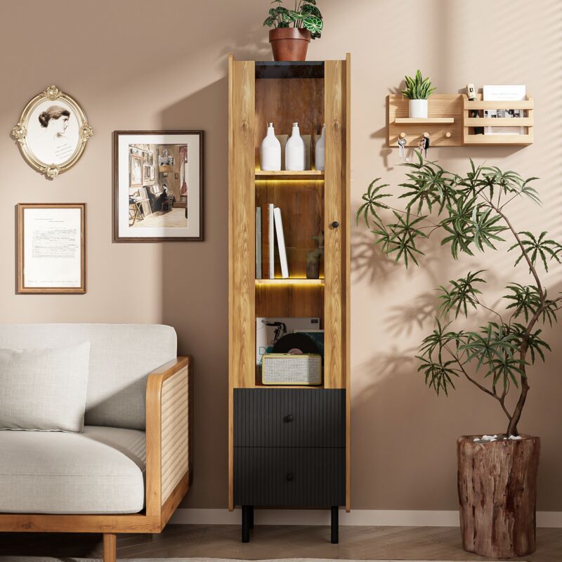 Buffet 180 cm - avec led et porte vitrée - 2 tiroirs - Naturel + Noir