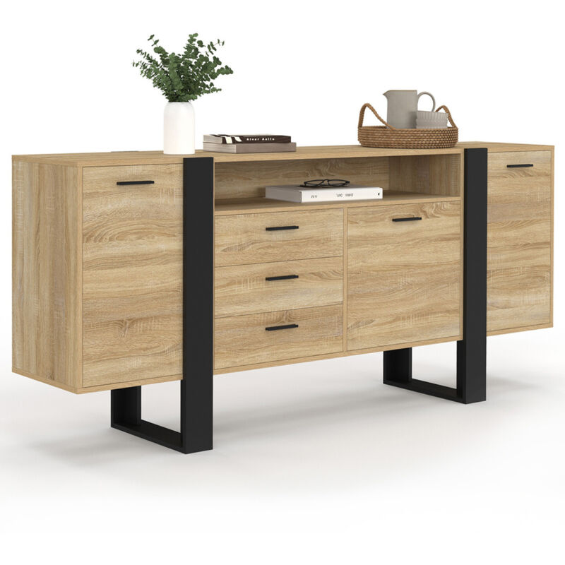 Buffet 180 cm PHOENIX XXL 3 portes et 3 tiroirs avec niche bois et noir