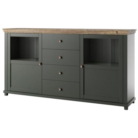 Buffet 180cm colección ASSIA. Color verde y roble. 2 puertas y 4 cajones