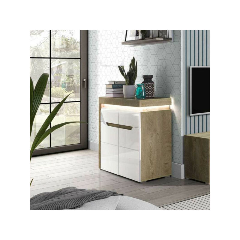 Buffet 2 portes 1 tiroir Blanc/Chêne à led - kiele - l 100 x l 39 x h 89 cm