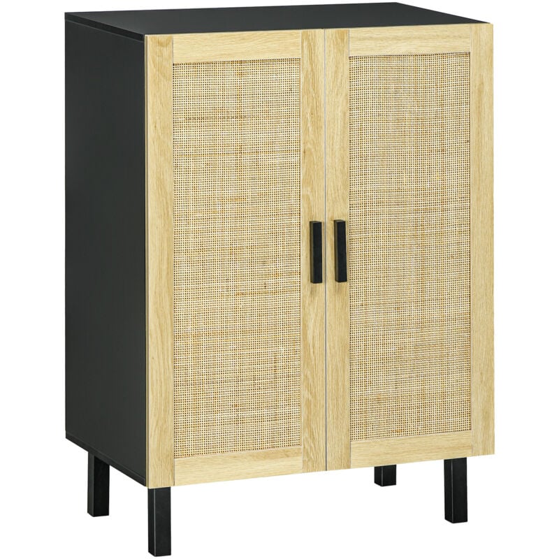 Buffet 2 portes 2 étagères réglables style bohème chic cannage en rotin panneaux aspect bois clair noir