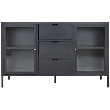 Buffet 2 portes 3 tiroirs 140x40x85 cm en verre et métal noir