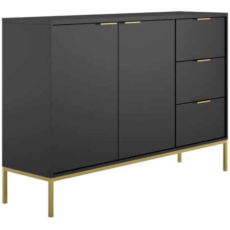 Buffet 2 portes 3 tiroirs 150x40x100,4 cm noir et métal doré - AUZTY