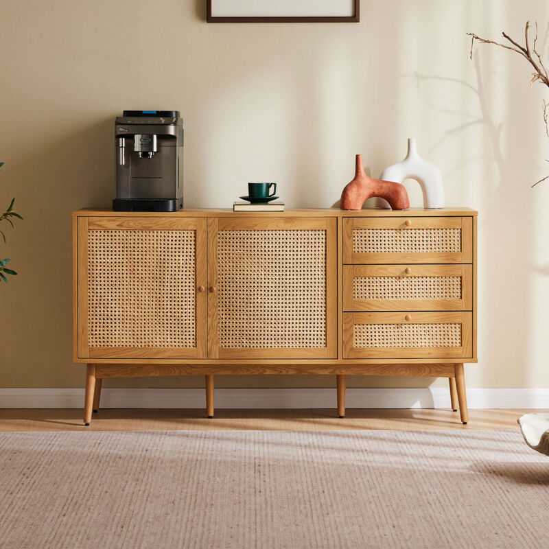 Buffet 2 portes 3 tiroirs 150x40x75 cm avec cannage naturel - LOUNEA Buffet 2 portes 3 tiroirs 150x40x75 cm avec cannage naturel - LOUNEA
